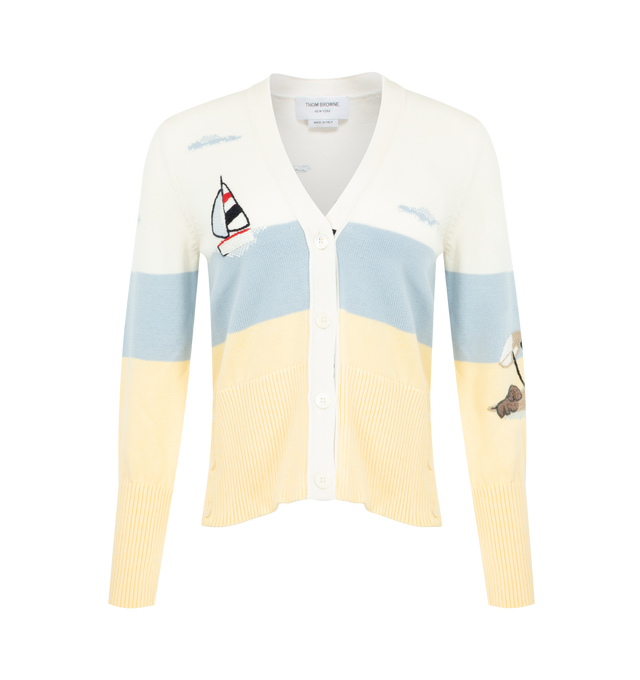 Image 1 of 4 - MULTI - THOM BROWNE Nantucket Scenic Embroidery Cardigan featuring v-neckline, front button closure with striped grosgrain placket, buttoned side vents and cuffs with signature striped grosgrain trim and signature striped grosgrain loop tab. 100% cotton. Made in Italy. 
