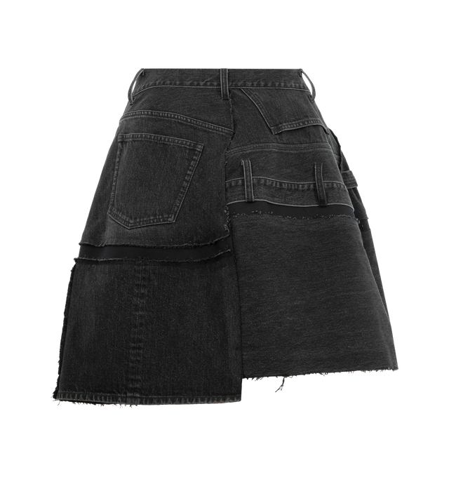 Image 2 of 3 - BLACK - SACAI Denim Skirt featuring mini length, raw hem, patchwork design, button zip closure and belt loops. 100% cotton.  