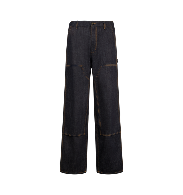 Image 1 of 3 - BLUE - One Of These Days Men's Double Knee Pant is crafted from 12oz rinse-wash cotton denim and features a relaxed straight-leg fit with durable triple-needle stitching. Designed with double-layer knee panels, slanted side pockets, tool pockets, a hammer loop, reinforced belt loops, and a zip-fly closure, the workwear-inspired silhouette is finished with a leather horse patch at the back pocket. Main Material: 100% cotton denim.  