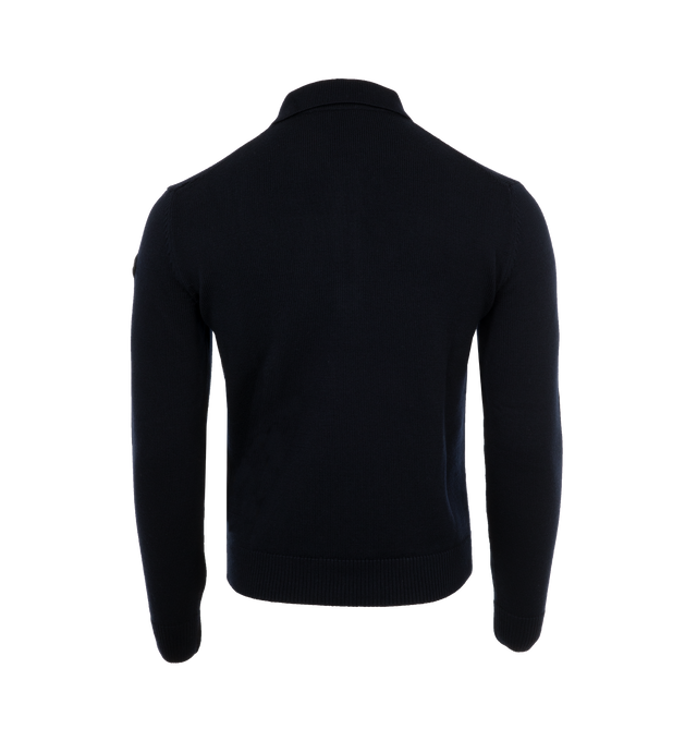 Image 2 of 3 - NAVY - MONCLER Wool Polo Sweater featuring ultra-fine responsibly sourced wool, stockinette stitch, gauge 7, polo collar, zipper closure and leather logo patch. 100% virgin wool. 