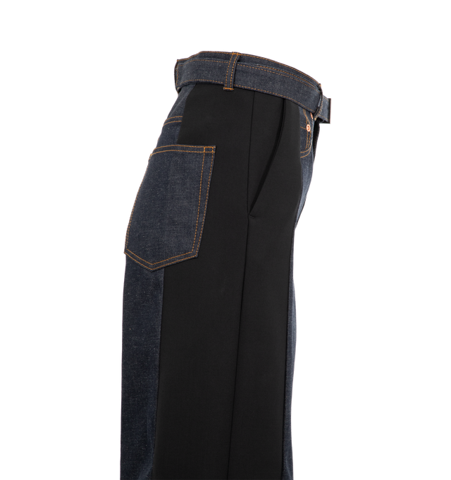 Image 3 of 3 - BLUE - SACAI Denim x Suiting Pant featuring belt loops, detachable cinch belt, four-pocket styling, zip fly, logo-engraved bronze- and silver-tone hardware and contrast stitching in tan. 100% cotton. Made in Japan. 