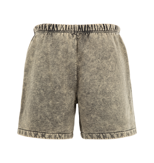 Image 2 of 3 - GREY - Fear of God ESSENTIALS Men's Classic Sweatshort is crafted from acid-washed heavyweight cotton fleece and features a classic relaxed-fit silhouette inspired by vintage athletic styles. Designed with a racing-inspired Essentials puff-print logo at the leg, this comfortable everyday short is finished with an encased elastic waistband, heavyweight drawstring, side-seam pockets, and a signature Essentials label at the center front. Main Material: 100% Cotton Acid-Washed Fleece.  