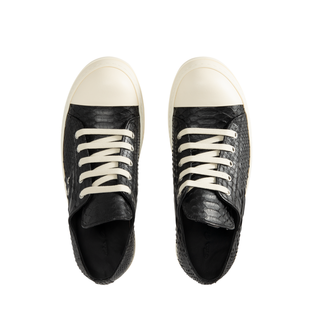 Image 5 of 5 - BLACK - RICK OWENS Extreme Low Sneakers featuring low top, python leather, signature elongated tongue, lace closure, side signature eyelet details, rubber sole and calfskin toe cap. Made in Italy. 