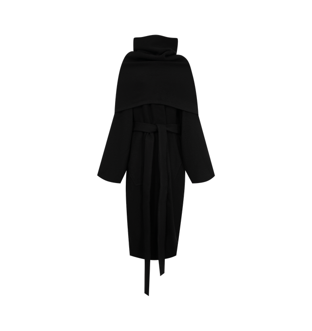 Image 2 of 4 - BLACK - Rick Owens Women's Dagger Robe is crafted from virgin wool and features a relaxed, draped silhouette with a deep cowl neckline. Designed with wide bell sleeves, a self-tie waist belt, two front pockets, and a midi-length hem for an elegant, fluid shape. Main Material: 100% Virgin Wool. 