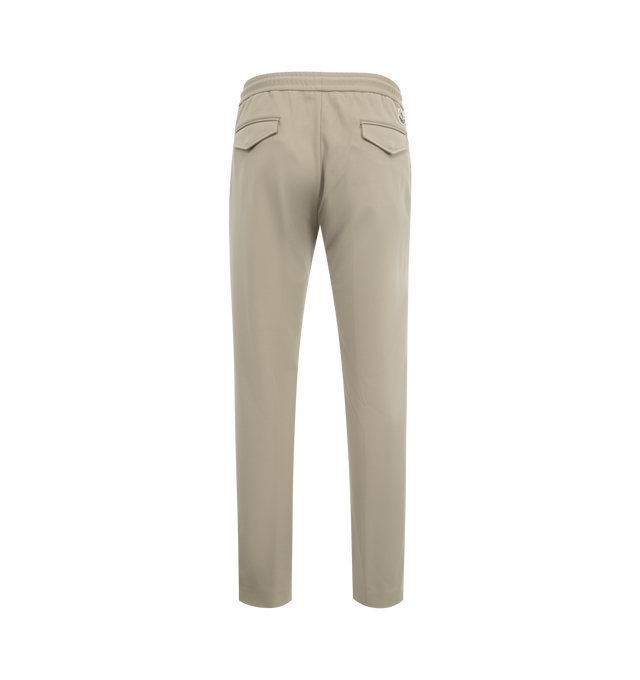 Image 2 of 3 - WHITE - Moncler Polished Cotton Jogging Pants have a satin feel, zipper closure, drawstring waist, snap button back pockets, and a leather logo patch. 100% cotton.  