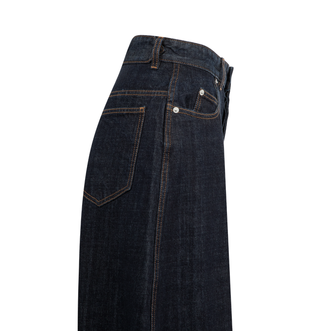 Image 3 of 3 - NAVY - JACQUEMUS Ovalo de-Nmes Denim Pants featuring high-rise, rinsed raw indigo denim, contrast stitching, belt loops, zip fly with engraved metal button, five pockets including ticket pocket, embroidered J on the hip, darts on the hip, long curved leg, embroidered patch on the back, back yoke and darts on the back hem. 100% cotton. Lining: 65% polyester, 35% cotton. Made in France. 