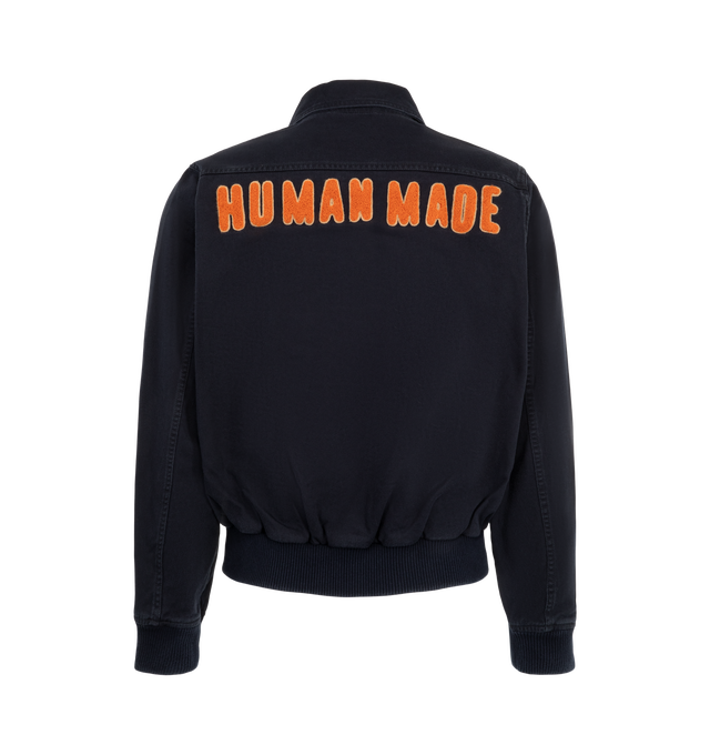 Image 2 of 3 - NAVY - Human Made Men's Zip-Up Blouson is crafted from a soft cashmere blend with embroidery patch artwork, and features a zip-front silhouette designed for elevated everyday wear. Main Material: 80% Cashmere, 18% Polyamide/Nylon, 2% Elastane. Closure: Front Zip. Fit: Regular. 