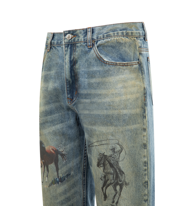 Image 4 of 4 - BLUE - ONE OF THESE DAYS All Over Print Straight Leg Jeans featuring zip fly and button closure, 5-pocket styling, printed graphic detail and intentionally faded denim. 100% cotton. 