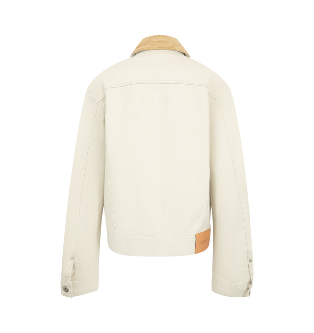 Image 2 of 3 - NEUTRAL - JW Anderson Women's Corduroy Collar Denim Jacket is crafted from Japanese cotton denim and features a relaxed workwear-inspired silhouette with a contrasting corduroy collar. Developed in collaboration with expert Japanese denim makers, the jacket is designed with a twisted patch pocket, engraved metal shank buttons, and a leather logo patch for a refined heritage finish. Main Material: 100% Cotton. Contrast: 100% Cotton. Pocketing: 100% Cotton. Made in Japan. 