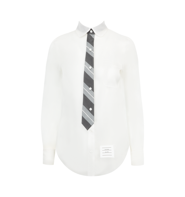 Image 1 of 2 - WHITE - THOM BROWNE Tie Appliqu Silk Organza Shirt featuring rounded collar, button closure, tie appliqu, chest patch pocket, buttoned cuffs and regular fit. Made in Italy. 100% silk. 56% silk, 44% cotton. 
