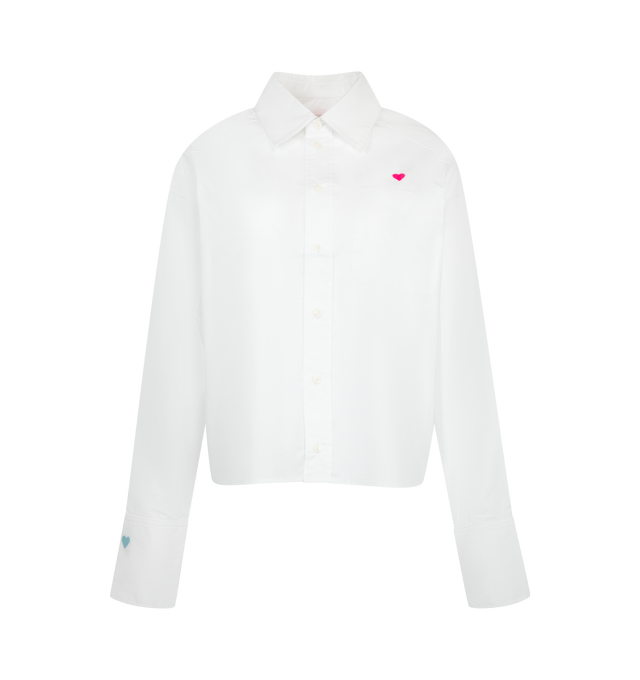Image 1 of 2 - WHITE - Mira Mikati Women's Deep Cuff Stripe Shirt With Embroidery featuring slightly oversized fit, dropped shoulder, tab detailing to the sides, a blue and red pinstripe cotton poplin design and messages of positivity like To the moon and back embroidered on the front and back. 100% cotton. 