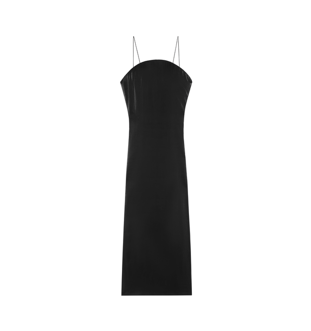 BLACK - JACQUEMUS La Robe Carino Dress featuring fitted midi shape, silky viscose, spaghetti straps, round neckline, structured interior bustier with hook and eye closure, invisible back zip and back slit. 68% viscose, 32% polyester. Made in Portugal.