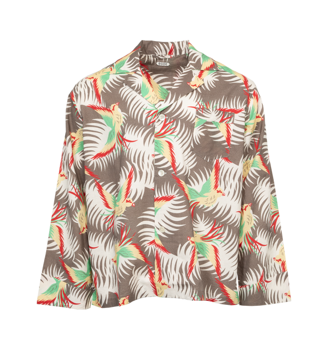 MULTI - BODE Sun Conure Long Sleeve Shirt featuring spread collar, button fron closure, long sleeves and printed with an oversized tropical-bird pattern. 100% cotton. Made in India.