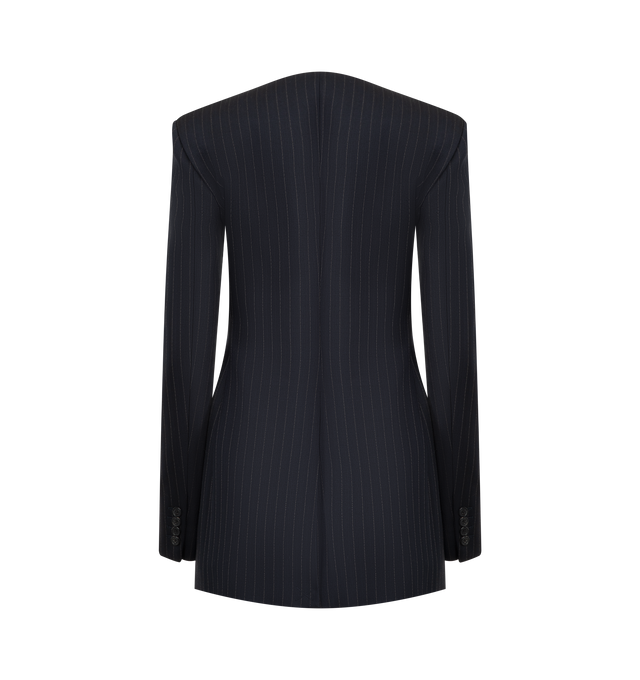 Image 2 of 2 - NAVY - KHAITE Naran Jacket featuring a collarless, high-necked jacket shaped by sleek lines, reinforced shoulder pads, functional welt pockets, single-breasted silhouette designed to fit long and lean and lined in cupro twill. 96% virgin wool, 2% elastane, 2% cotton. 