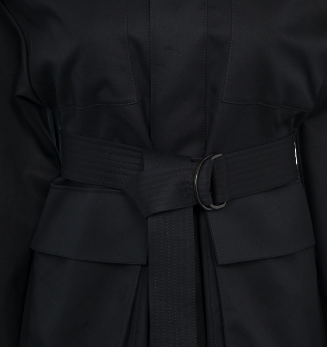 Image 4 of 5 - BLACK - WARDROBE.NYC signature Parka reimagined and cut in a durable, midweight Italian cotton chosen for its' ability to retain structure. Featuring a signature cinched waist design, with a removable custom D-ring belt. Other fine details include a classic collar with hook and eye closure, four functional front flap pockets, buttoned cuffs and a covered placket closure with zippers and snaps. Outer: 100% Cotton, Lining: 100% Viscose. Made in Slovakia. 