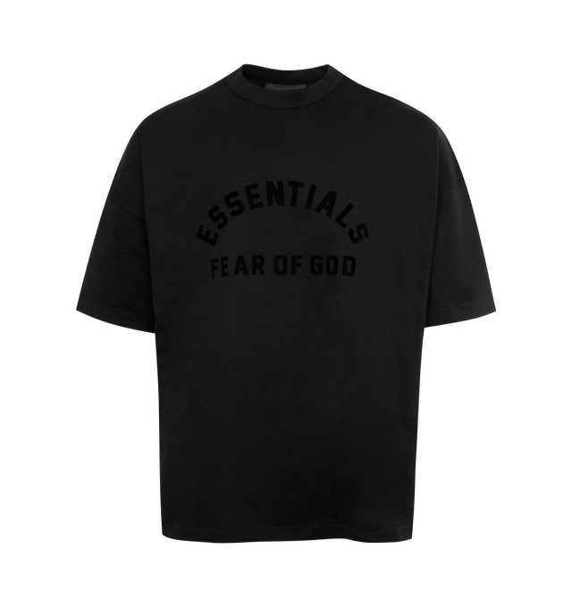 BLACK - FEAR OF GOD ESSENTIALS Crewneck T-Shirt featuring rib knit crewneck, logo bonded at front, dropped shoulders, dolman sleeves and rubberized logo patch at back. 100% cotton. Made in Viet Nam.
