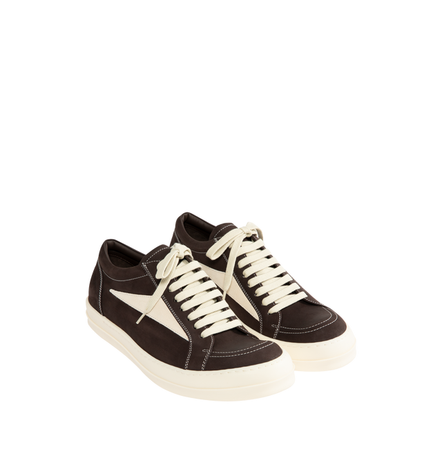Image 2 of 5 - BROWN - Rick Owens Vintage Sneaks Sneakers featuring low top, lace-up closure, calfskin suede appliqu at sides, twill lining and treaded rubber sole. Upper: textile, calfskin. Sole: rubber. Made in Italy. 