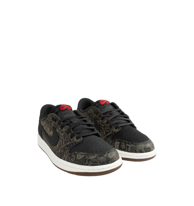 Image 2 of 5 - MULTI - Jordan Men's Air Jordan 1 Low OG "Laser" Sneakers feature a genuine leather upper in Black, Summit White, and Varsity Red. Inspired by the original 1985 silhouette, the low-top design is finished with a foam midsole, encapsulated Air-Sole cushioning, and a solid rubber outsole for durable traction. Upper: Genuine Leather. Midsole: Foam. Sole: Rubber. 