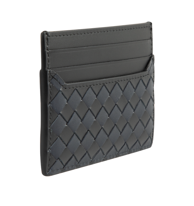 Image 2 of 3 - BLACK - BOTTEGA VENETA Intrecciato Credit Card Case featuring color block intrecciato leather card case, six card slots and one central pocket. Calfskin. 3.1" x 4.1" x 0.2". Made in Italy. 