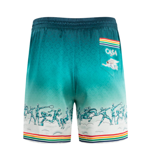 Image 2 of 2 - BLUE - CASABLANCA Drawstring Shorts featuring elastic waistband with drawstring and all over print placement. 100% silk. Made in Italy.  