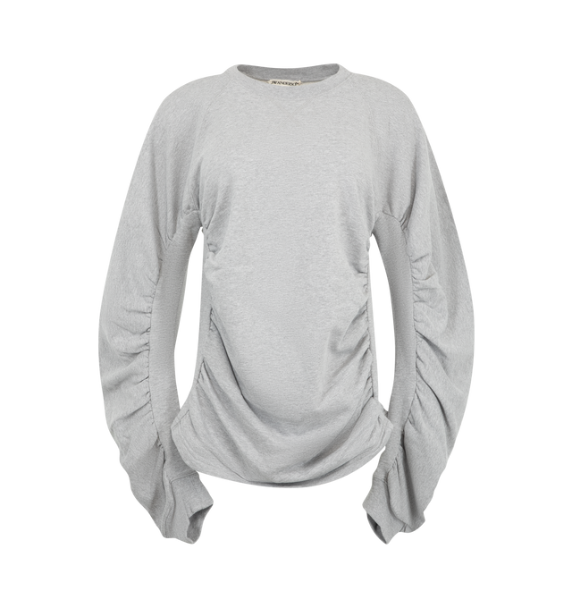 Image 1 of 2 - GREY - JW Anderson Women's Ruched Sleeve Sweatshirt is crafted from cotton and features a relaxed silhouette inspired by an archival SS24 knitwear design. Designed with a classic round neckline, distinctive ruched sleeves, and logo embroidery at the back neck that adds a subtle signature finish. Main Material: 100% Cotton. Trim: 100% Cotton. Made in Portugal. 