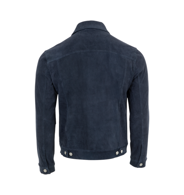 Image 2 of 3 - BLUE - Giorgio Brato Leather Button Front Jacket has a classic collar, a button front closure, adjustable waist tabs, front patch pockets, side pockets, and silver-tone hardware. Made in Italy.  