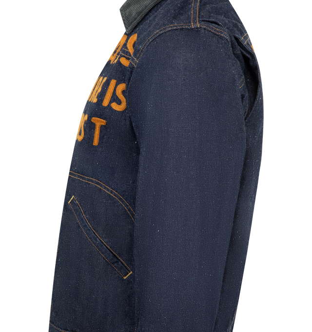 Image 3 of 3 - BLUE - HUMAN MADE Zip Up  Denim Work Jacket featuring zipper closure, corduroy transition at the collar, chain embroidery graphics on the front and back, heart stitching on the width of the fastener, logo-engraved chin button is placed at the neck, and logo-engraved snap buttons on the cuffs. 100% cotton.  