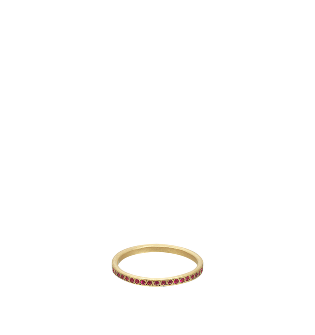 Image 1 of 1 - GOLD - Eli Halili Ruby Thin Band Ring is handcrafted in rich 22K gold and features a refined slender silhouette set halfway around the band with precious rubies for a subtle touch of vibrant color. Main Material: 22K Gold. Gemstones: Approximately 0.10 CTW Precious Rubies. Setting: Half Band. Ring SIZE 4-9*For personal consultation and detailed information about jewelry, please contact our dedicated stylist team at personalshopping@hirshleifers.com.This item may be restricted for online purch 