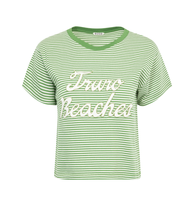 Image 1 of 2 - GREEN - BODE Truro Stripe Cropped Tee featuring stripes throughout, short sleeves, crew neck and front text. 100% cotton. Made in Portugal. 