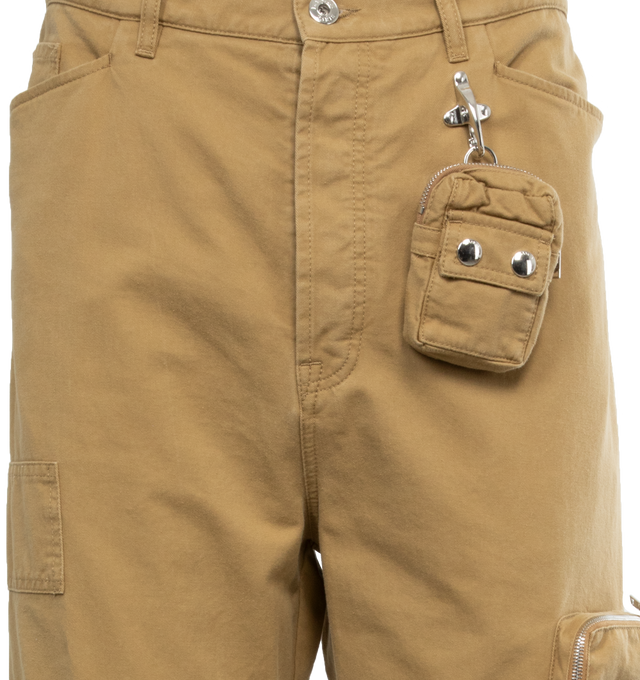 Image 4 of 4 - BROWN - LANVIN LAB X FUTURE Utility Pocket Pants featuring relaxed fit, faded effect, belt loops, multiple patch pockets with metal buttons and zippers and removable pocket with metal snap hook at the waist. 100% cotton woven. Made in Italy. 