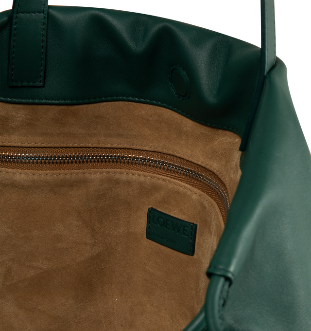 Image 3 of 3 - GREEN - LOEWE Flamenco Logo Tote featuring logo in contrasting letters, two top handles, internal zipped pocket, suede lining and drawstring fastening. 10.2in x 15.7in x 15in. Calfskin. 