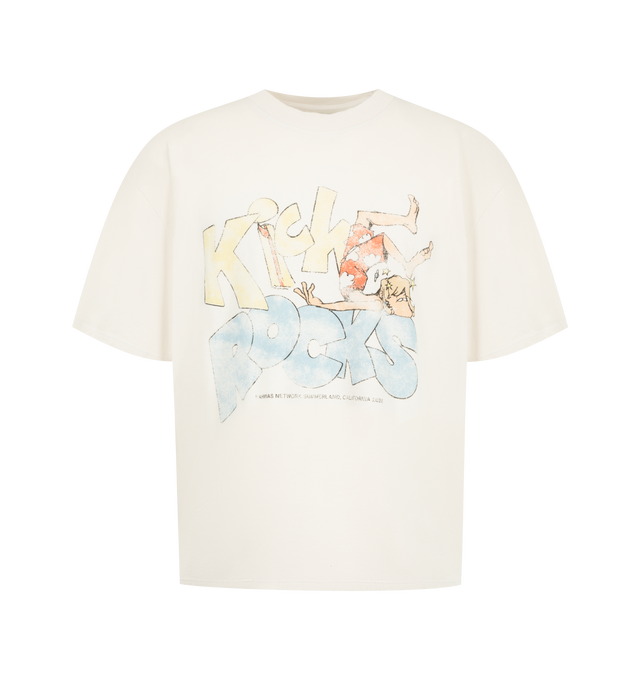 Image 1 of 2 - CREAM - Nahmias Men's Kick Rocks Boxy Tee is crafted from cotton and features the Wipeout Chadwick cartoon graphic. Designed in Los Angeles, this short-sleeve style is cut in the brand's signature boxy fit for a relaxed silhouette. Main Material: 100% Cotton.  Designed in Los Angeles. 