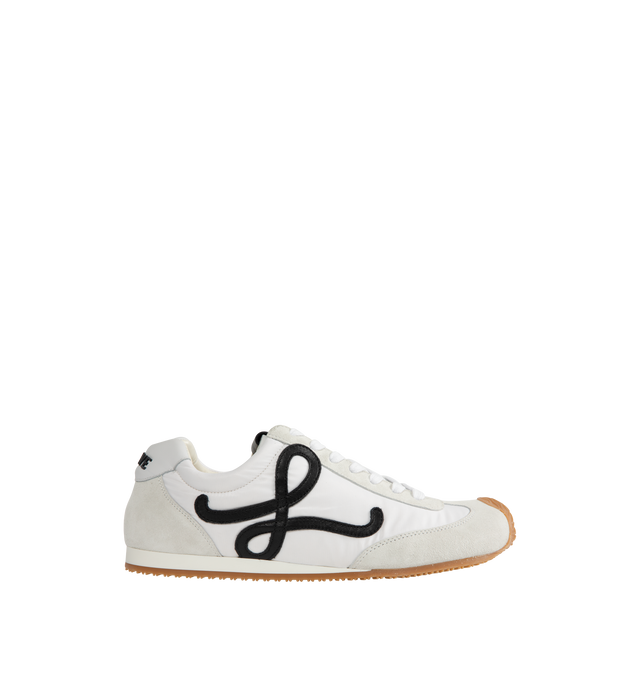 Image 1 of 5 - WHITE - Loewe Men's Ballet Sneaker in nylon and calfskin featuring an asymmetrical toe shape, a sock-like internal structure and a lightweight rubber outsole that extends to the toecap. Features 20mm heel, white and tonal laces, L monogram at the side, embossed Anagram on the tongue, Injected rubber LOEWE on the heel tab. Made in Italy. 