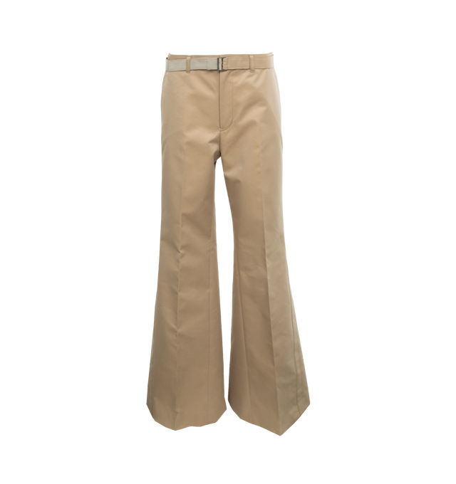 NEUTRAL - SACAI Cotton Gabardine Pants featuring concealed front hook and zip closure, includes matching adjustable belt and two side pockets. 63% cotton, 37% polyester. Made in Japan.