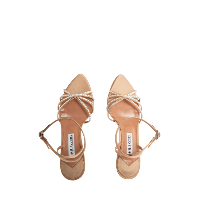 Image 4 of 4 - NEUTRAL - AQUAZZURA Tell Me Crystal Sandal 85 featuring adjustable buckle closure, gemstones that trace the caged design framing the toes, slim stiletto mid heel, padded leather insole and signature logo detailing. Satin. 85mm heel. Made in Italy. 