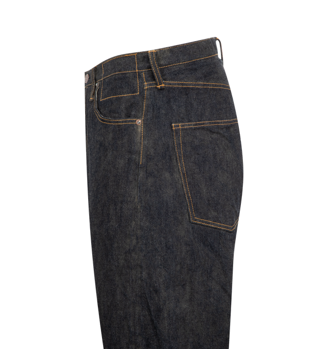 Image 3 of 3 - BLUE - VISVIM Social Sculpture Jean featuring original 14oz denim pants, regular-slim fit, tapered silhouette, medium rise, zipper fly, hidden zippered back pocket, original buttons, sliders, rivets. 100% cotton. Made in Japan. 