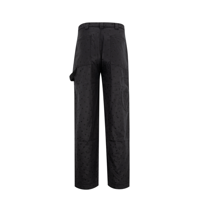 Image 2 of 3 - BLACK - Lite Year Carpenter Pants crafted from Japanese dyed double cloth jacquard fabric with black mini polka dots, antique nickel hardware, button fly, side pockets, back pockets. 65% Cotton/ 35% Nylon.  