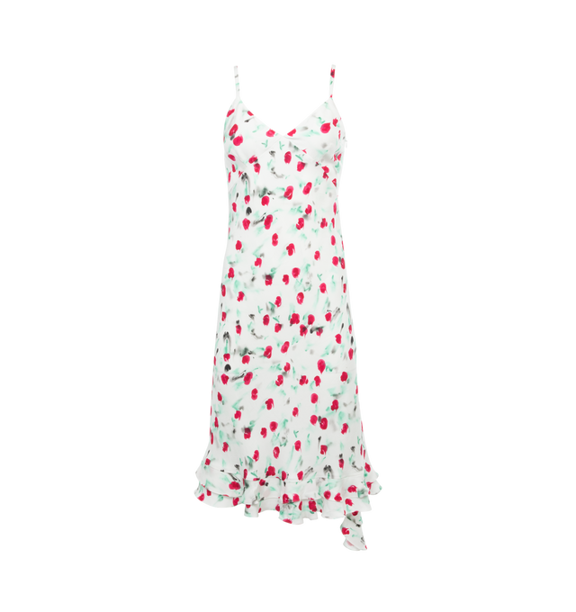 WHITE - MARNI Ruffle Tiered Midi Dress featuring watercolor floral motif with cascading ruffle detail, v neckline, shoulder straps, midi length, a-line silhouette, tiered hem and unlined. 100% viscose. Made in Italy.