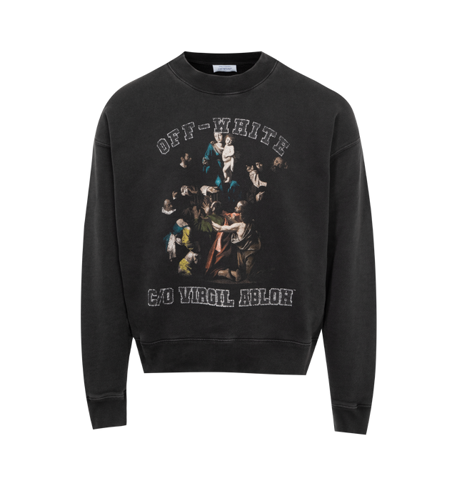 Image 1 of 2 - BLACK - OFF-WHITE Mary Skate Crewneck faded black sweatshirt crafted from 100% cotton with French terry lining. Featuring rib trim, drop shoulder, Renaissance painting motif print on the front with distressed effect, long sleeves and short side slits. 