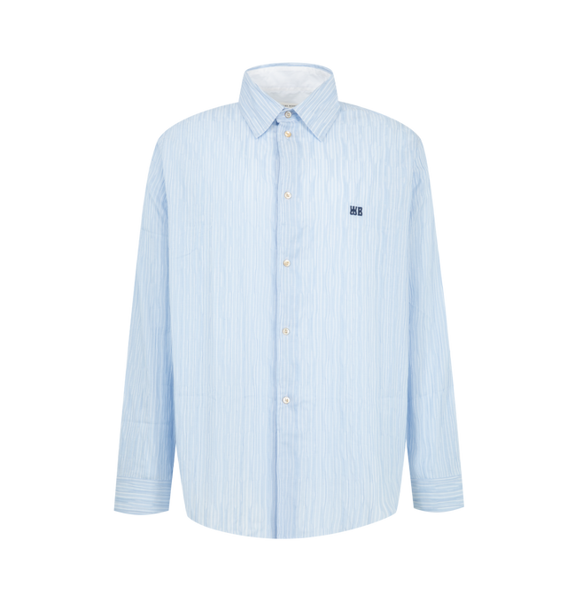 Image 1 of 2 - BLUE - Wales Bonner Men's Atlantic Shirt is crafted from soft cotton pliss stripe fabric and features a cornflower blue and white striped design. Tailored with a spread collar, button-front closure, buttoned barrel cuffs, and a shirttail hem, the shirt is finished with logo embroidery at the chest and a Morning Raga graphic print at the back. Main Material: 100% Cotton. Closure: Button Front. Collar: Spread Collar. Cuffs: Buttoned Barrel Cuffs. Detail: Logo Embroidery at Chest, Morning Raga G 
