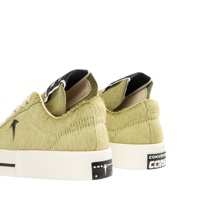 Image 3 of 5 - GREEN - DRKSHDW X CONVERSE Calf Hair Low-Top Sneakers featuring an extra-textured hair-on-hide leather upper with exaggerated width proportions, flat heel, round toe, lace-up vamp, signature DRKSHDW elongated tongue with woven label, custom DRKSHDW Star logo on the side, skateboard One-Star Converse sole, DRKSHDW license plate with pentagram collab logo on the left heel, Converse All-Star logo on the right heel and CX foam cushioned internal midsole. 