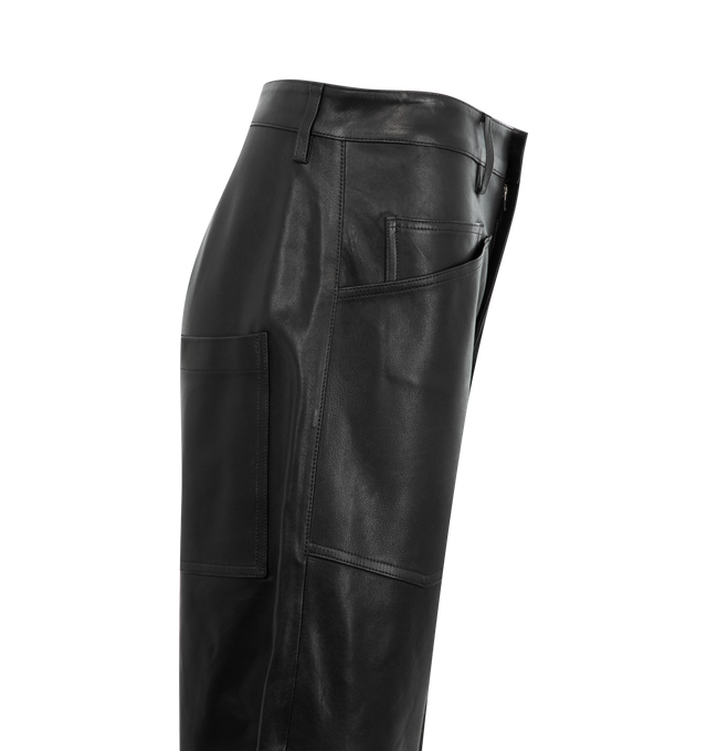 Image 3 of 3 - BLACK - Nili Lotan Shon Leather Pants have a zip fly and a curved silhouette with seam details at the knees, top stitched front and back pockets, and a shank closure. 100% lambskin leather.  
