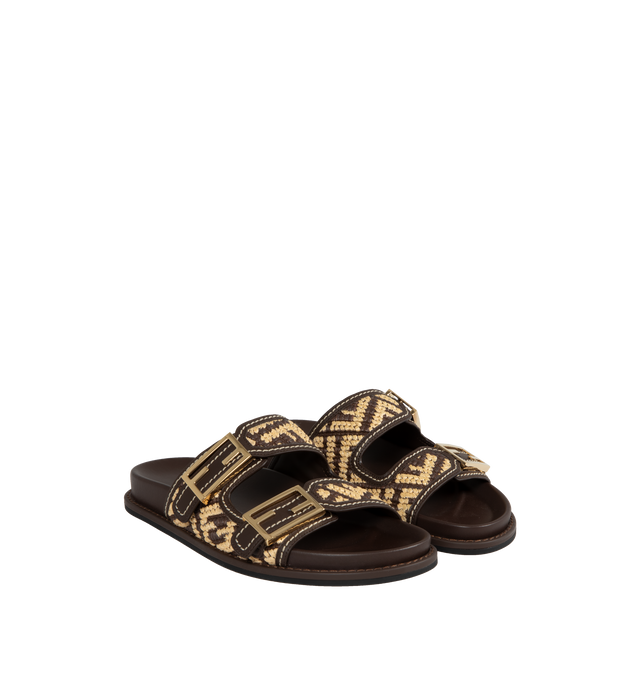 Image 2 of 4 - BROWN - FENDI Feel Sandal featuring double-band flat slides with FF Baguette decorative buckles, braided cotton fiber with FF motif in brown and beige and gold-finish metalware. 80% cotton, 20% polyamide. Embroidery: 100% viscose. Inside: 100% calf leather. Made in Italy.  