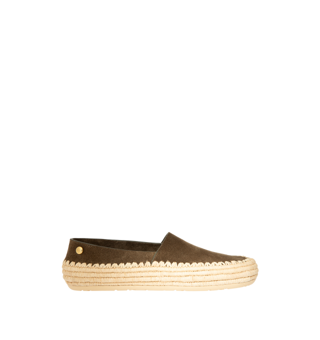 Image 1 of 4 - GREEN - Loewe Mens Slippers are crafted from suede and raffia. Feature handcrafted raffia embroidery, rounded toe, engraved Anagram pebble detail, padded leather insole, embossed Anagram rubber outsole, and a 0.5 cm heel height. Main Material: Suede, Raffia. Made in Spain. 
