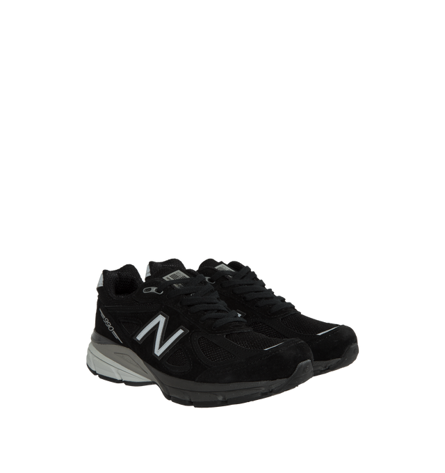 Image 2 of 5 - BLACK -  NEW BALANCE 990v4 Sneakers featuring low-top, paneled pigskin suede and mesh, lace-up closure, logo patch at padded tongue, padded collar, logo patch at heel counter, logo appliqu at sides, reflective text at outer side, mesh lining, textured ENCAP foam rubber midsole and treaded rubber sole. Made in United States. 