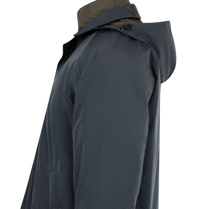 Image 4 of 4 - NAVY - ASPESI Porto Jacket featuring lined waterproof technical taffeta, front fastening with a zip and concealed press studs, two lower welt pockets, adjustable hood with a drawstring, detachable interior in water-repellent recycled nylon, padded with wadding made from recycled material and equipped with a stand-up collar, front zip fastening and two slanted pockets with zip. 100% polyamide.  
