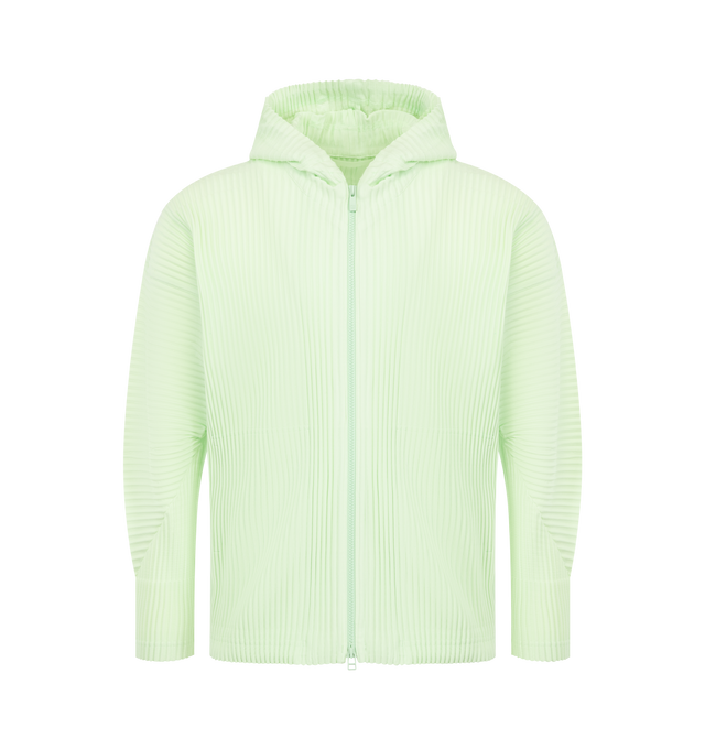 Image 1 of 3 - GREEN - Issey Miyake Mens Zip-Up Hoodie is crafted from lightweight polyester. Features a hood, double-zip front closure, side pockets, collar loop, and quick-drying fabric with a light-reactive finish that creates a dimensional appearance. Main Material: 100% Polyester. Made in Japan. 
