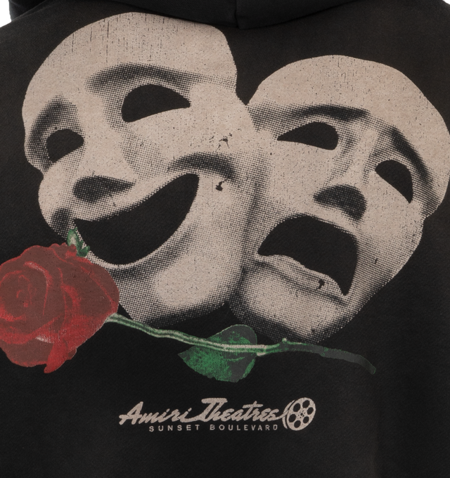 Image 4 of 4 - BLACK - AMIRI Theatre Masks Hoodie featuring  Amiri Productions logos on the chest and sleeves, theatrical comedy and tragedy masks adorn the back, faded washed effect, hooded, long sleeves, kangaroo pocket and pulls over. 100% cotton. 