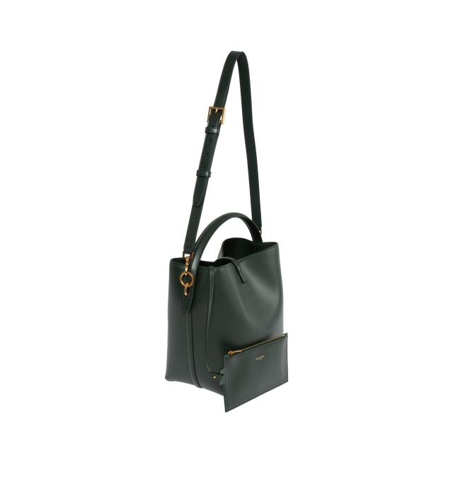 Image 2 of 4 - GREEN - SAINT LAURENT Le 37 Bucket Bag featuring metal cassandre hook closure, one zipped pouch, suede lining, and four metal feet. 20 X 25 X 16cm. Handle drop: 9cm. Strap drop: 40cm. 100% calfskin leather. Made in Italy.  