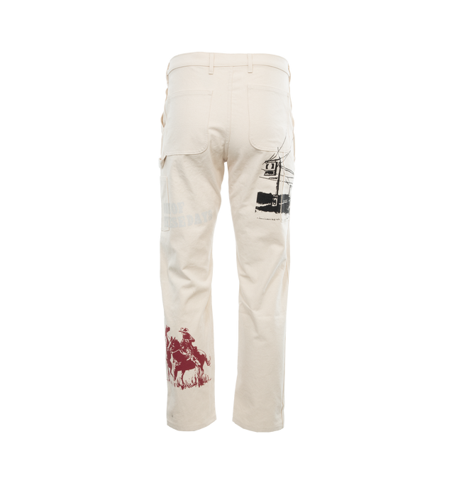 Image 2 of 4 - WHITE - ONE OF THESE DAYS X WOOLRICH Workwear Pant featuring zip button fly, five-pocket design, belt loops, straight leg and screen-printed logo branding. 100% cotton canvas. 